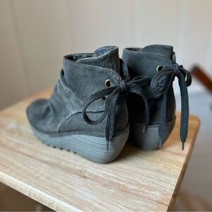 Fly London brown tie back wedges